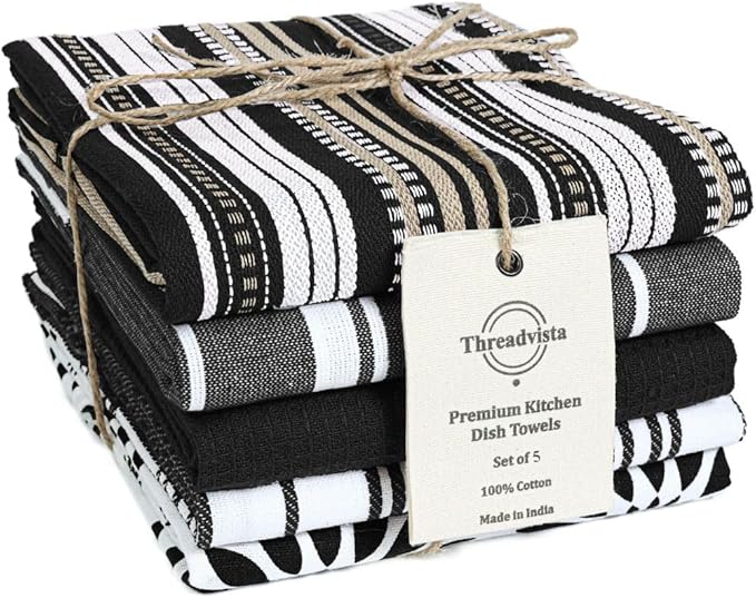 Assorted Kitchen Towels Large 16x26 Inch 100% Cotton Set of 5 by Threadvista