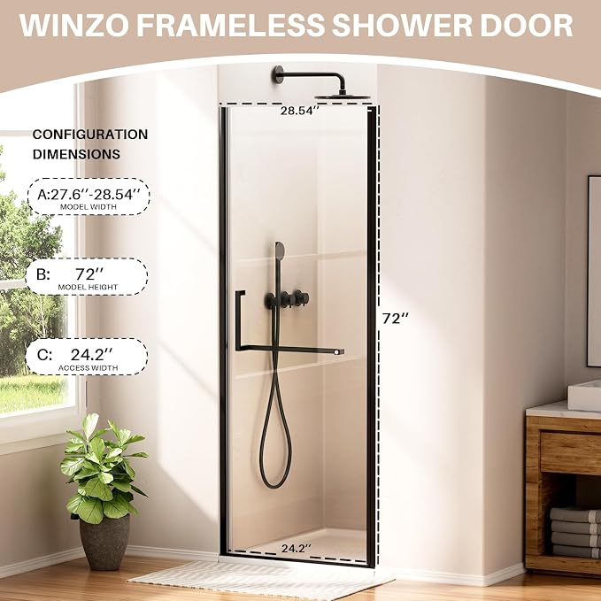 WinZo 27-28" W ×72" H Frameless Pivot Shower Door, Pivot Swing Shower Glass - Image 6