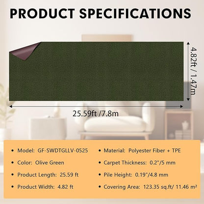 Marine Carpet,5 FT x 25 FT Olive Green Indoor Outdoor Carpet 0.2" Thick with Water-Proof TPE Backing, Non-Slide for Home, Patio, Porch, Deck