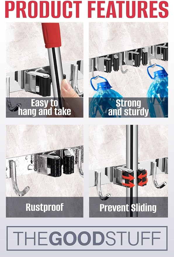 The Good Stuff Heavy Duty Mop and Broom Holder Wall Mount – Stainless Steel - Image 7