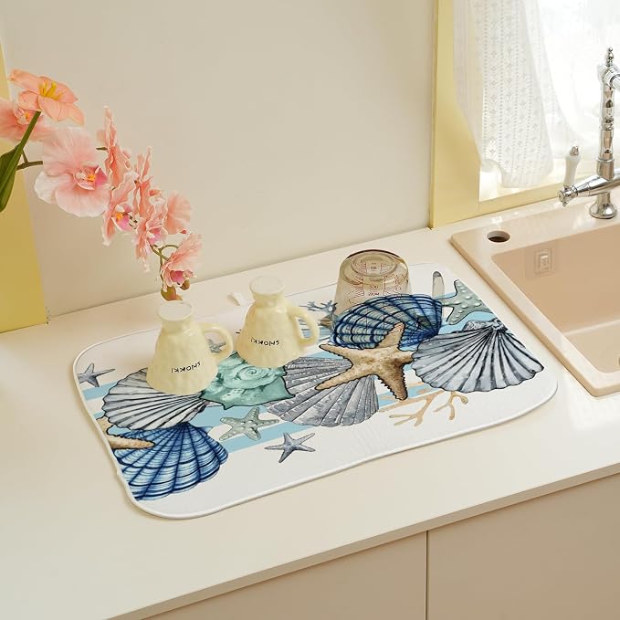 Nautical Coastal Starfish Dish Drying Mats 18x24 Inch Beach Coral Shell Blue - Image 5