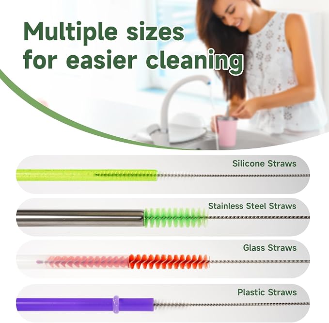 9PCS Reusable Long Colored Straw Cleaner Brush Set 12" Bendable, Capable of - Image 2