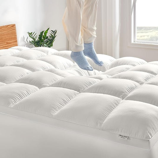 SLEEP ZONE Mattress Topper Twin XL Size, Extra Thick Fitted Mattress Pad for Back Pain, Plush and Support Mattress Cover, Deep Pockets Mattress Protector, Hotel Quality (White, Twin XL)