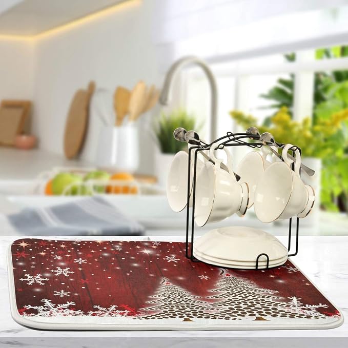 Christmas Tree Dish Drying Mat 16x18 inch Xmas New Year Snowflake Wooden Dish - Image 5