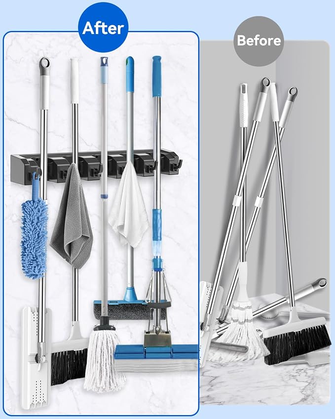 AceMining Broom Holder Wall Mounted, 5 Holders and 6 Hooks Mop Holder, ABS - Image 5