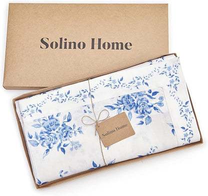 Solino Home Blue Floral Print Table Runner 72 Inches Long - 100% Pure Linen Table Runner 14 x 72 Inch - Handcrafted and Machine Washable - Jolie Fleur Print