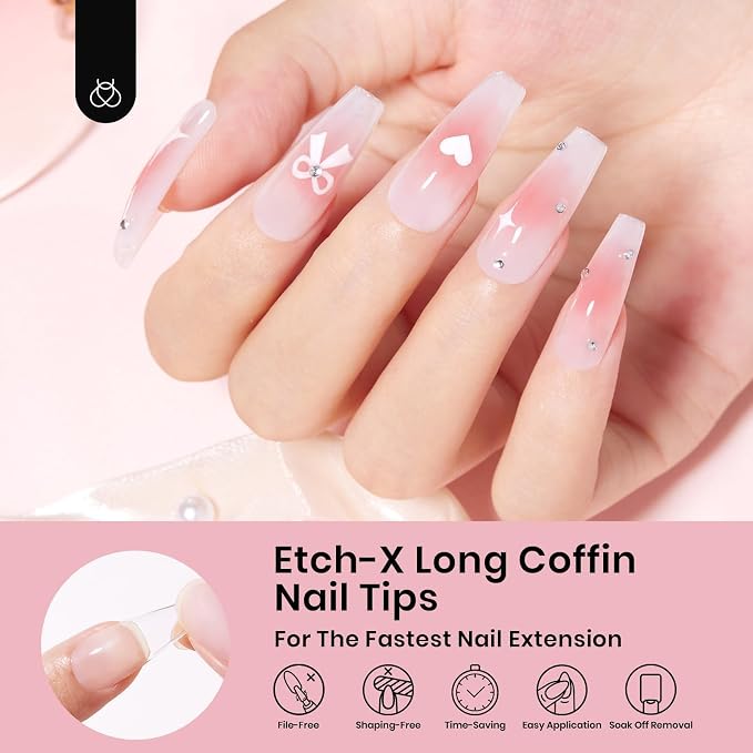 Beetles Coffin Long Gel Nail Tips –Pre-Etched Half Matte Full Cover, 288 Pieces - Image 2