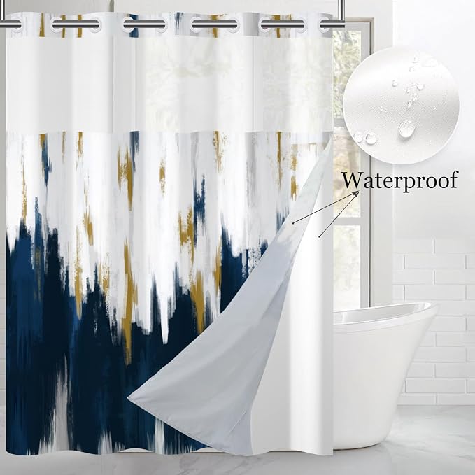 No Hook Shower Curtain with Snap in Liner, Hotel Style Navy Blue White Gold - Image 2