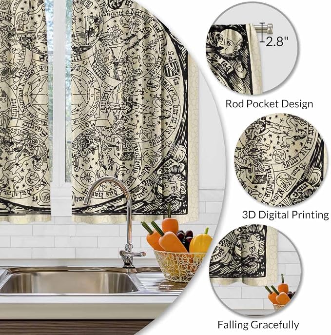 Planets Kitchen Curtains Old Astrology Ink Drawing Short Tier Curtains - Image 3