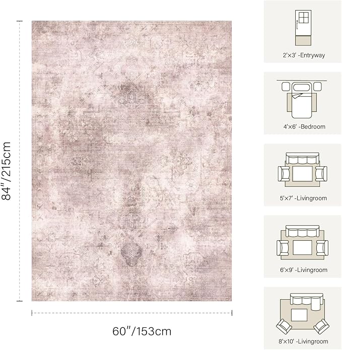 Vintage 5x7 Pink Rug, Washable Area Rugs - Image 2