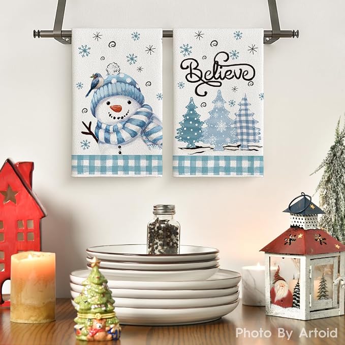 Artoid Mode Beige Blue Xmas Tree Snowman Christmas Kitchen Towels Dish Towels - Image 2