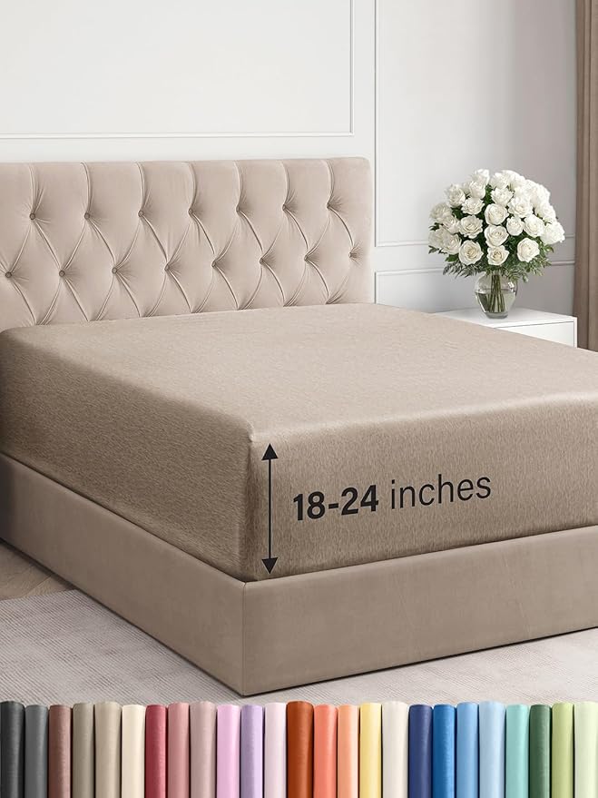 Extra Deep Cal King Fitted Sheet - Hotel Luxury Single Fitted Sheet Only - Easily Fits 18 to 24 inch Mattress - Ultra Soft, Wrinkle Free with Extra Deep Pockets - Breathable & Comfy - Heathered Beige