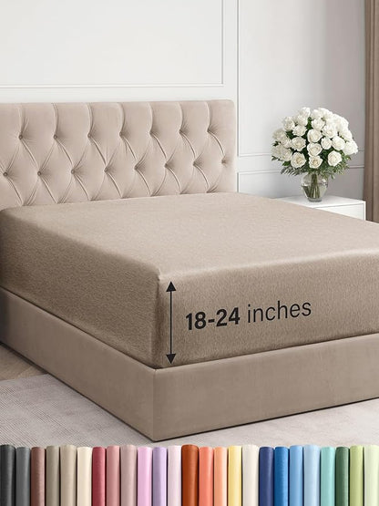 Extra Deep Cal King Fitted Sheet - Hotel Luxury Single Fitted Sheet Only - Easily Fits 18 to 24 inch Mattress - Ultra Soft, Wrinkle Free with Extra Deep Pockets - Breathable & Comfy - Heathered Beige