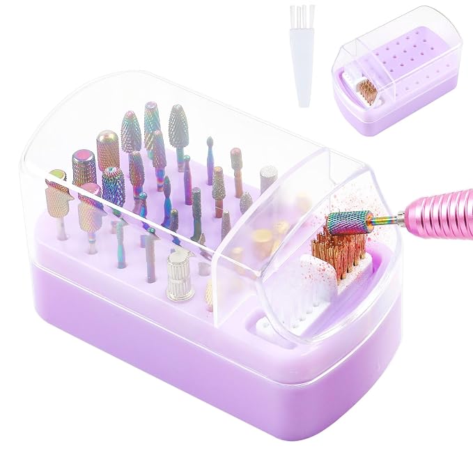 2 in 1 Nail Drill Bits Holder & Nail Drill Bits Cleaning Brush Case 30 Holes by YINGJEE