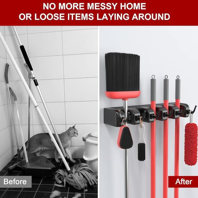 Wall Mount Broom and Mop Holder, Heavy Duty Long Handle Garden Tool Organizer - Image 4