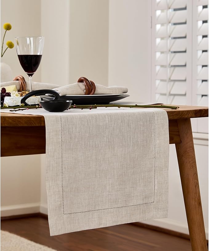 Solino Home Linen Light Natural Table Runner 60 Inches - Classic Hemstitch, 100% Pure Linen Coffee Table Runner 14 x 60 Inch Ideal for Dresser Tables - Christmas, New Year
