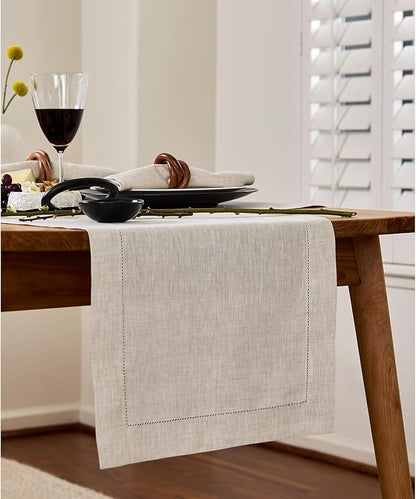 Solino Home Linen Light Natural Table Runner 60 Inches - Classic Hemstitch, 100% Pure Linen Coffee Table Runner 14 x 60 Inch Ideal for Dresser Tables - Christmas, New Year