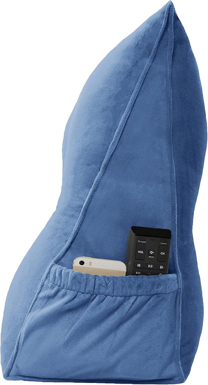 Triangular Reading Bed Rest Pillow Large Bolster Cushion Headboard Backrest Wedge Pillow with Removable Cover and Two Large Side Pockets (Steel Blue, King: 78 x 8 x 20 inches)