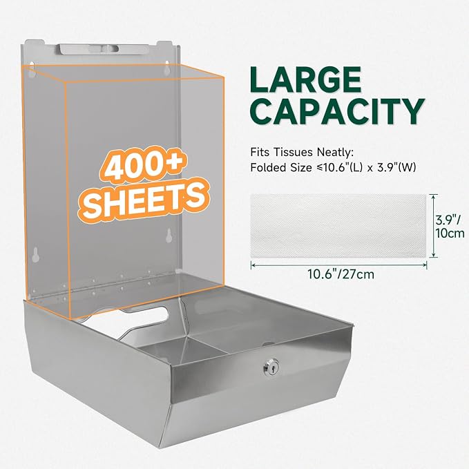 Commercial Paper Towel Dispenser Wall Mount 400-Sheet Capacity Brushed - Image 3