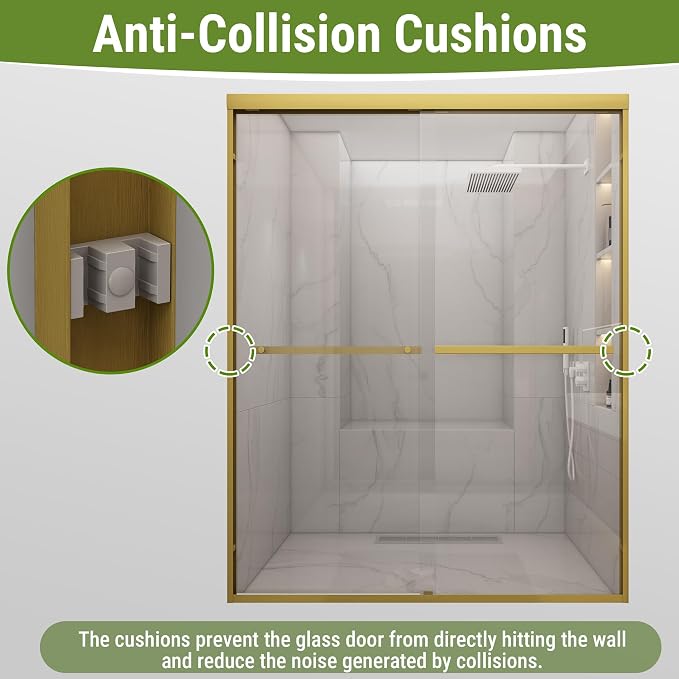 Shower Door 56-60" W * 72" H, Brushed Gold Double Sliding Shower Door - Image 5