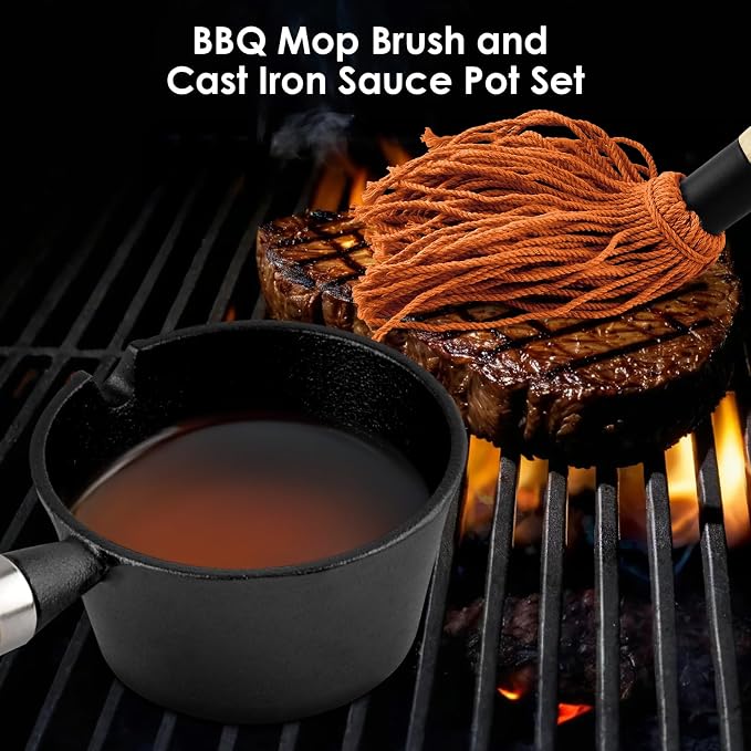 BBQ Mop Brush and Cast Iron Sauce Pot Set, 2 Size Wooden Handle Sauce Mops - Image 2