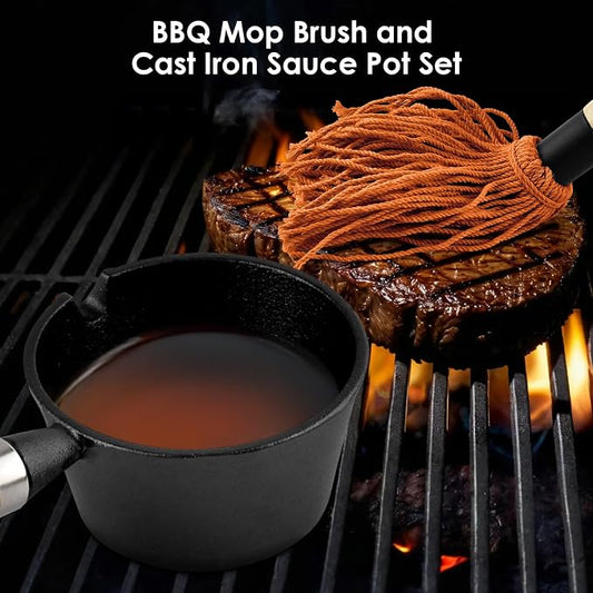 BBQ Mop Brush and Cast Iron Sauce Pot Set, 2 Size Wooden Handle Sauce Mops - Image 2