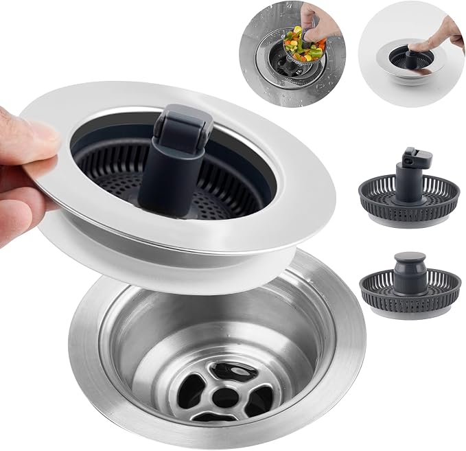 Hibbent 3 in 1 Kitchen Sink Drain Strainer, Stainless Steel Wrapped Shell Drain by Hibbent
