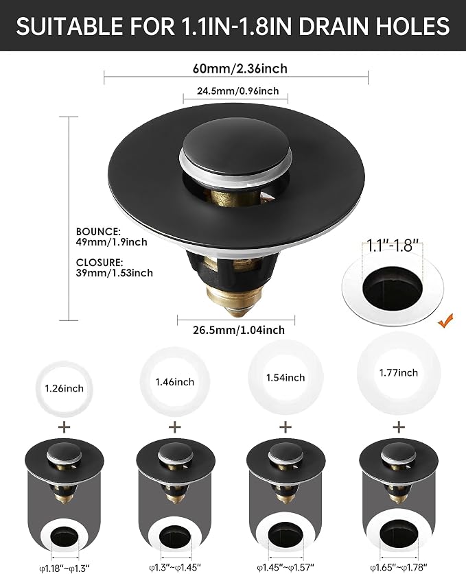 Fransiton 2 Pack Bathroom Sink Drain Stopper, 1.1-1.77 Inch Basin Pop Up Black - Image 2