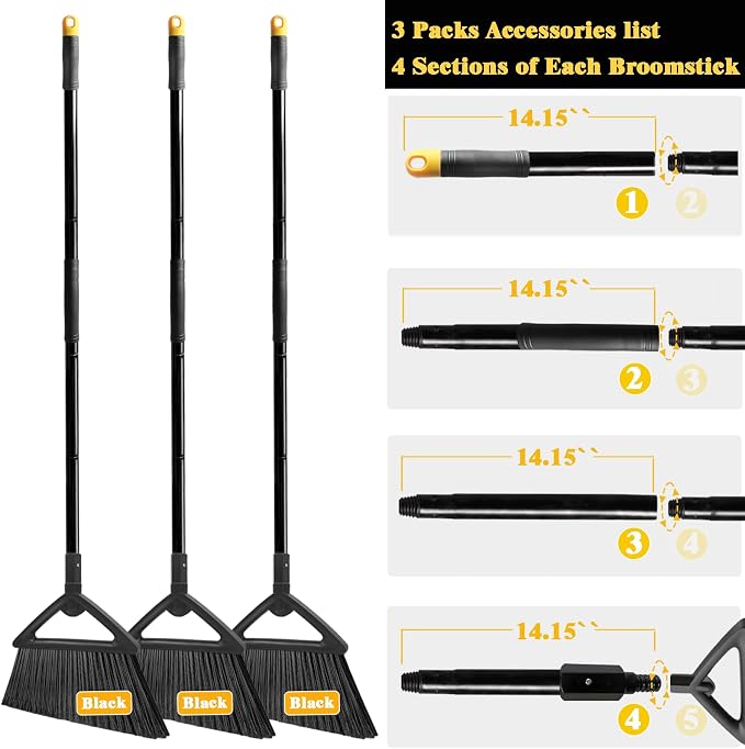 Heavy Duty Commercial Broom, 3 Pack Upgraded Angle Brooms - Image 9