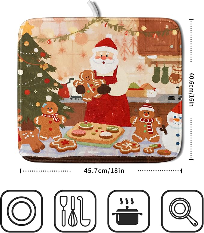 Christmas Dish Drying Mat for Kitchen Counter 16x18 Santa Claus Gingerbread - Image 2