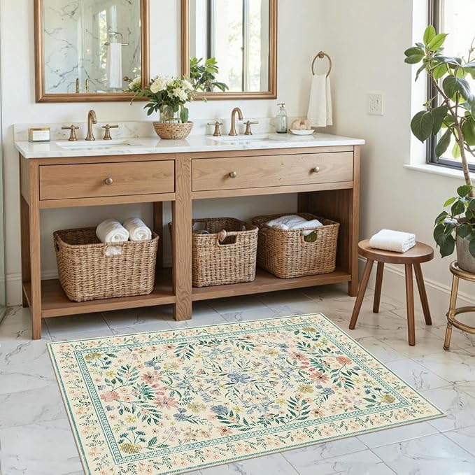Door Mat Floral Entryway Rug, Washable Samll 2x3 Rug, Boho Green Front Door Mat - Image 3