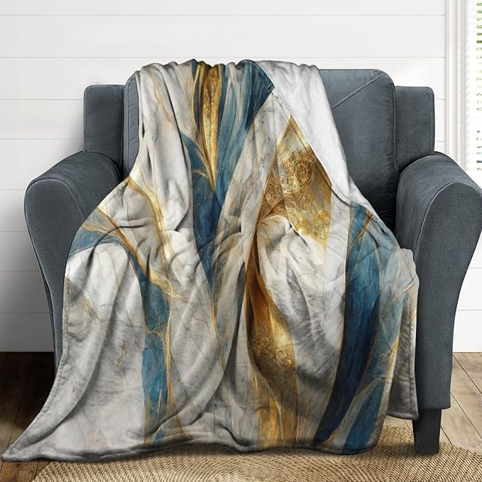 Abstract Marble Blanket, Modern Luxury Baroque Golden Blue White Stone Veins Pattern Soft Warm Cozy Plush Flannel Covers for Livingroom Bedroom Couch Chair Camping Travel Home Decor Tapestry 40x50in