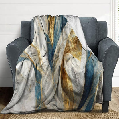 Abstract Marble Blanket, Modern Luxury Baroque Golden Blue White Stone Veins Pattern Soft Warm Cozy Plush Flannel Covers for Livingroom Bedroom Couch Chair Camping Travel Home Decor Tapestry 40x50in
