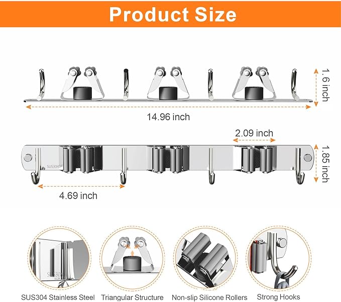 Mop and Broom Holder Wall Mount, Upgraded Broom Organizer Wall Mount, Stainless - Image 7