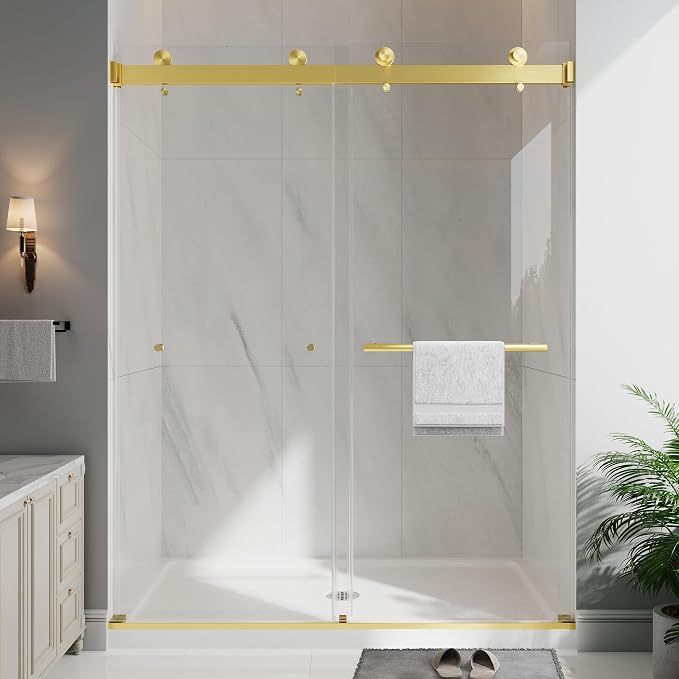 Frameless Double Sliding Shower Doors, 55-60" W x 76" H Shower Glass Door by EASYWORC