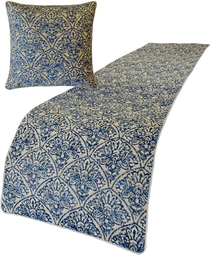 The HomeCentric King/Queen/Twin Blue Designer Twin 53"x18" Bed Runner with 2 Pillow Cover, Embroidery, Quilted Bed Scarf on Cotton Fabric - Farzeen Blue
