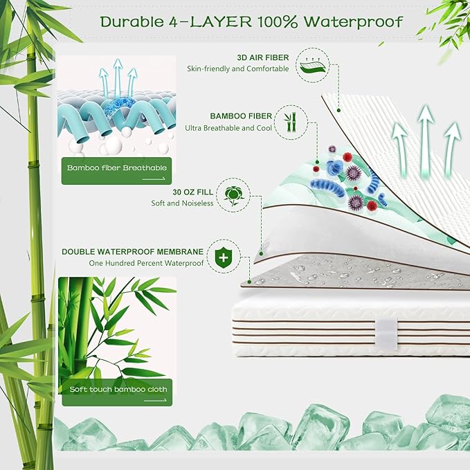 GRT Full Waterproof Mattress Protector Rayon Bamboo - 3D Air Fiber Cooling Mattress Cover Breathable Ultra Soft, Mattress Pad Noiseless Fits up to 19'' Deep Pocket Washable