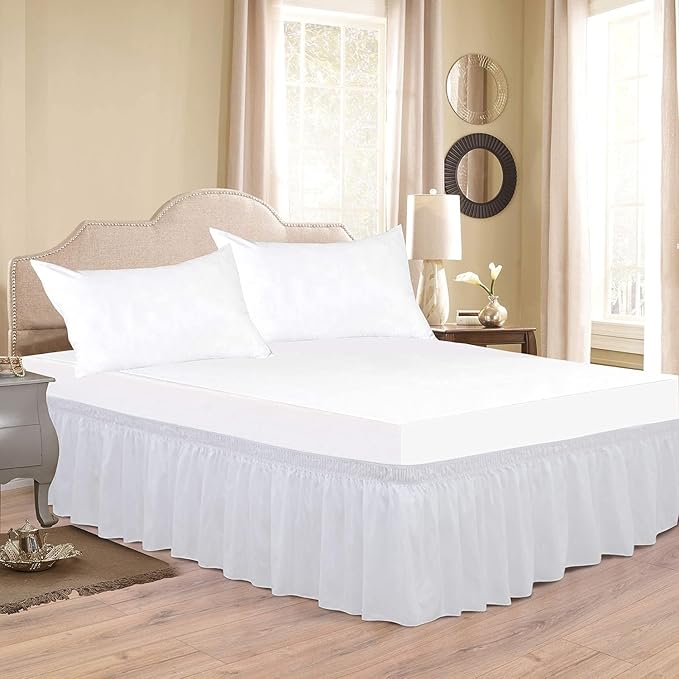White Wrap Around Bed Skirts with 16" Drop - Three Sides Fabric Adjustable Elastic Dust Ruffle Silky Soft -600 TC Stretchy Bed Skirt-RV King(72"X 80") White