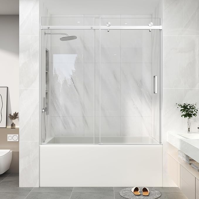 KPUY Frameless Sliding Bathtub Door, 55-60" W x 60" H Tub Shower Door, 1/4" by KPUY