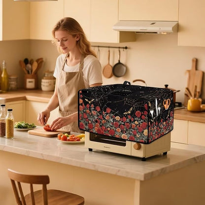 Red Rose Bat Cobweb Print Microwave Oven Dust Cover Polyester-Linen Fabric Dust Cover for Microwave Oven Universal Dust-Proof Kitchen Appliance Protector Fits Most Microwaves, L