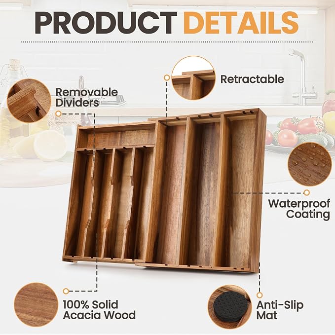 Acacia Wood Silverware Drawer Organizer, 21 Inch Adjustable Cutlery Tray - Image 5