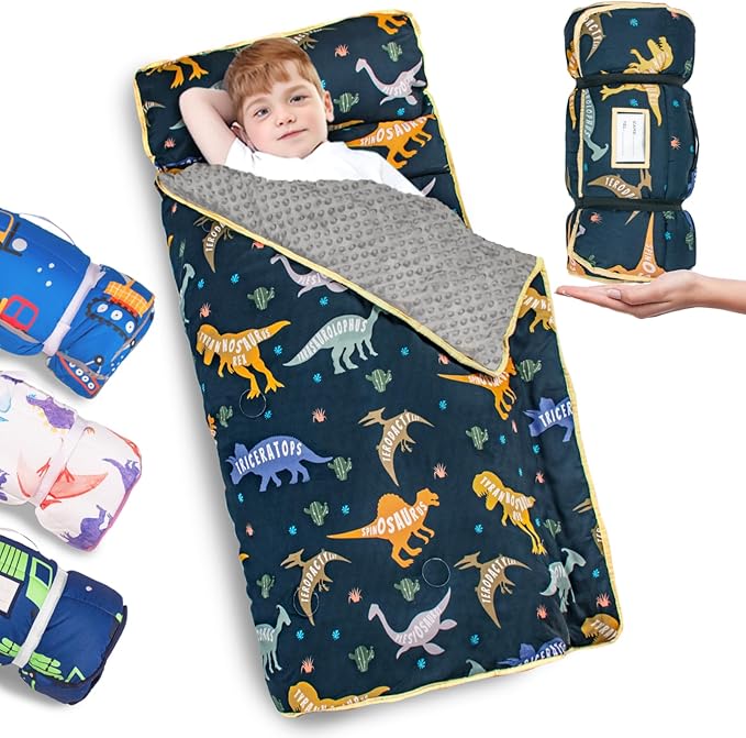 Primlect Thickened Toddler Nap Mat with Removable Pillow and Minky Blanket, Extra Large 55''x35'' Sleeping Bag, Washable, Roll up, Perfect for Daycare, Preschool, Kindergarten, Boys and Girls Dinosaur