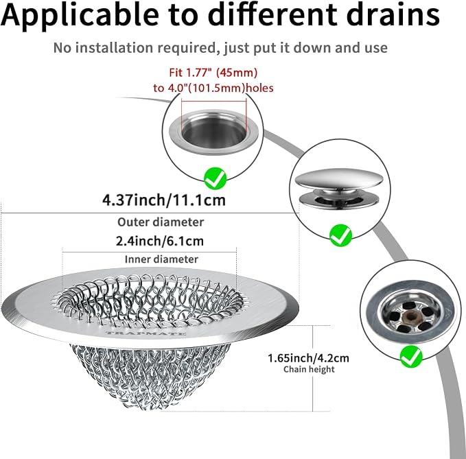 TRAPMATE 2 Pack Bathroom Sink Drain Strainer, 4.4" Fast Drainage Shower Drain - Image 4