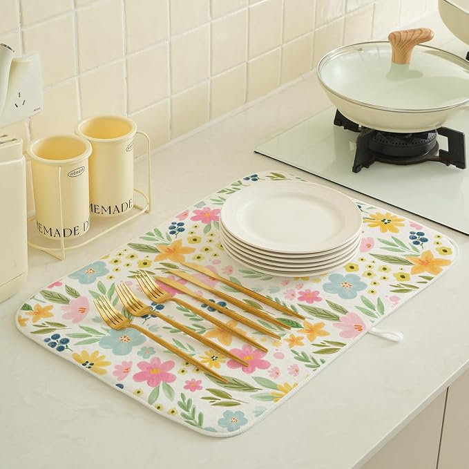 Spring Yellow Pink Blue Floral Dish Drying Mats 18x24 Inch Watercolor Flower - Image 3