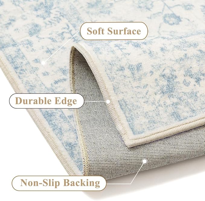 2x3 Blue Entryway Area Rug Machine Washable Door Mat Kitchen Vintage Distressed Non Slip Carpet Indoor Retro Floral Accent Throw Small Rug for Bathroom Office Bedroom Living Dining Room
