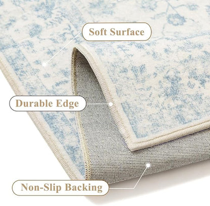 2x3 Blue Entryway Area Rug Machine Washable Door Mat Kitchen Vintage Distressed Non Slip Carpet Indoor Retro Floral Accent Throw Small Rug for Bathroom Office Bedroom Living Dining Room
