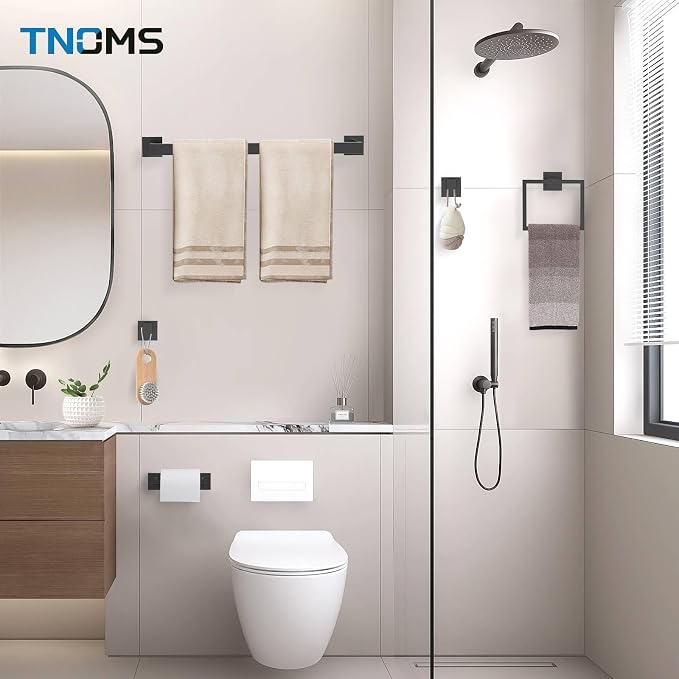 TNOMS Matte Black Towel Bar Set 5-Piece Bathroom Hardware Accessories Set - Image 7