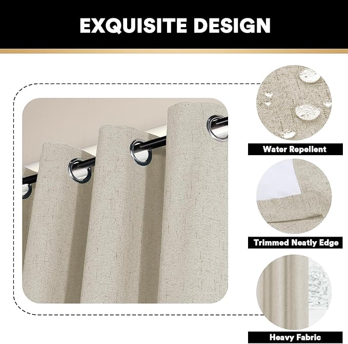 PrinceDeco 100% Blackout Curtains for Sliding Glass Doors Room Divider Patio Door Curtains Sliding Doors Linen Blackout Curtains for Bedroom Living Room,W100 X L96 Inch, Cobblestone