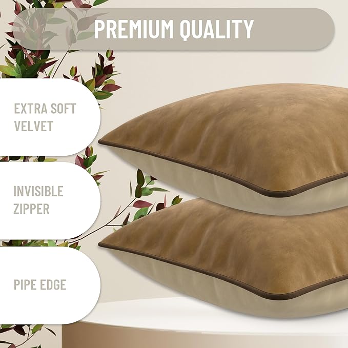 Set of 2 Decorative Throw Pillow Covers Cushion Cases. Soft Velvet. Contrast Pipping Edge. Filling Not Included. (18x18in, Camel/Beige)