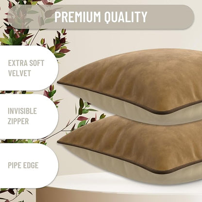 Set of 2 Decorative Throw Pillow Covers Cushion Cases. Soft Velvet. Contrast Pipping Edge. Filling Not Included. (18x18in, Camel/Beige)